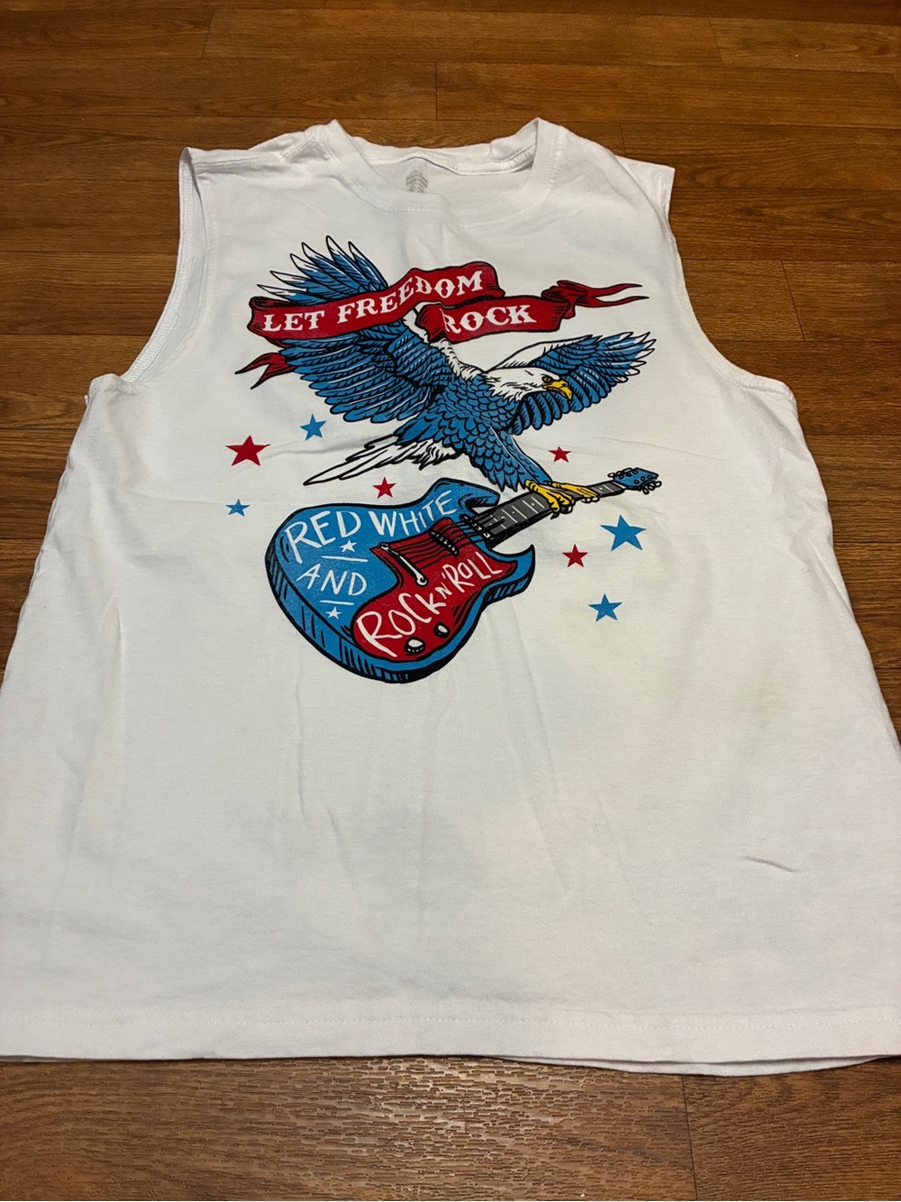 Men’s White Sleeveless Tee with Eagle & Guitar Graphic